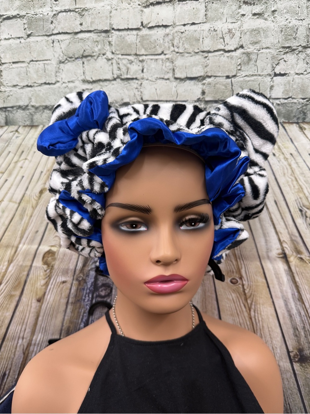 Blue Satin-lined Zebra Print Bonnet -large adjustable NEW